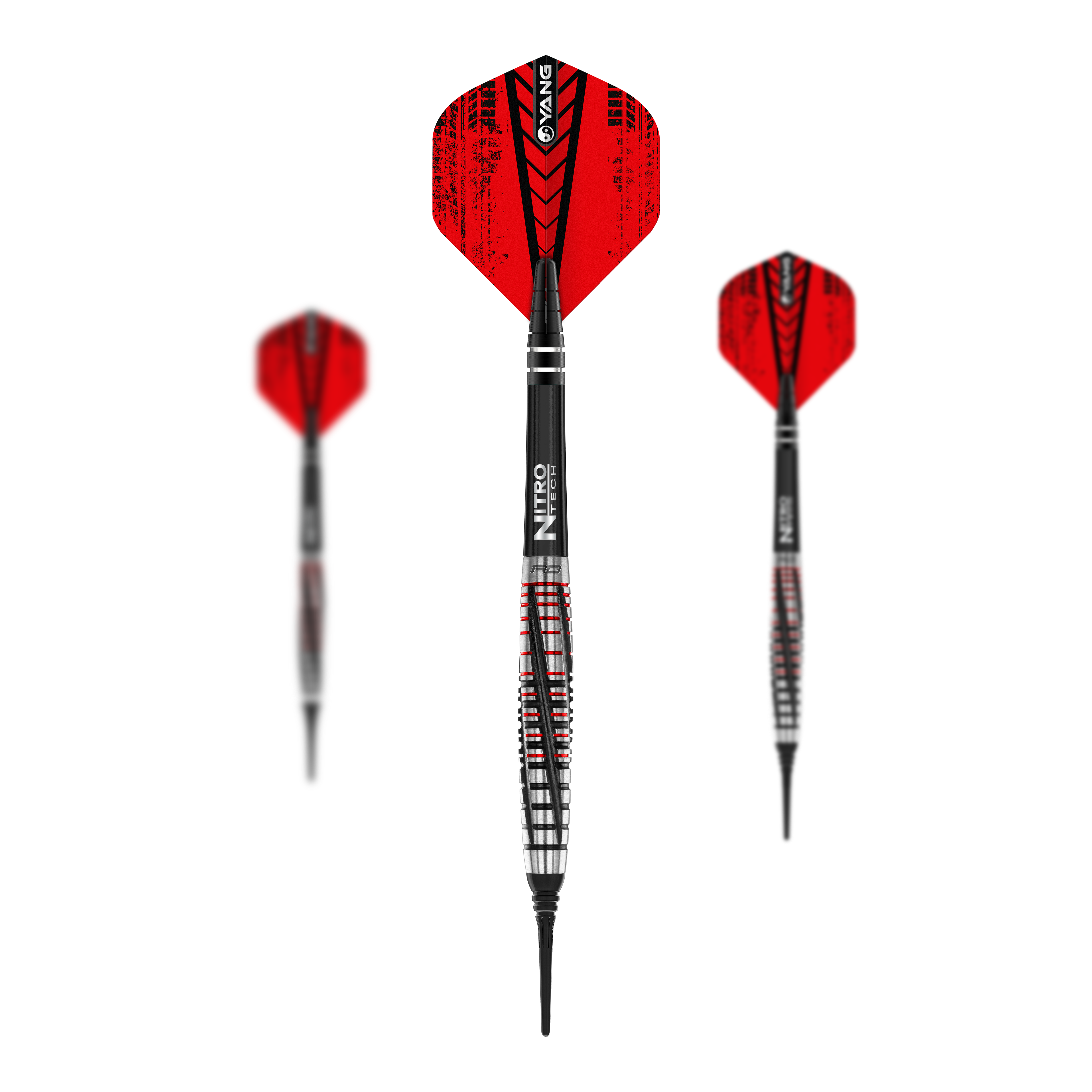 Das Bild zeigt drei Softdarts des Modells „Red Dragon Rifle Softdarts - 20g“. Die Darts haben schwarze und rote Flights mit silber-schwarzem Schaft und Spitze.